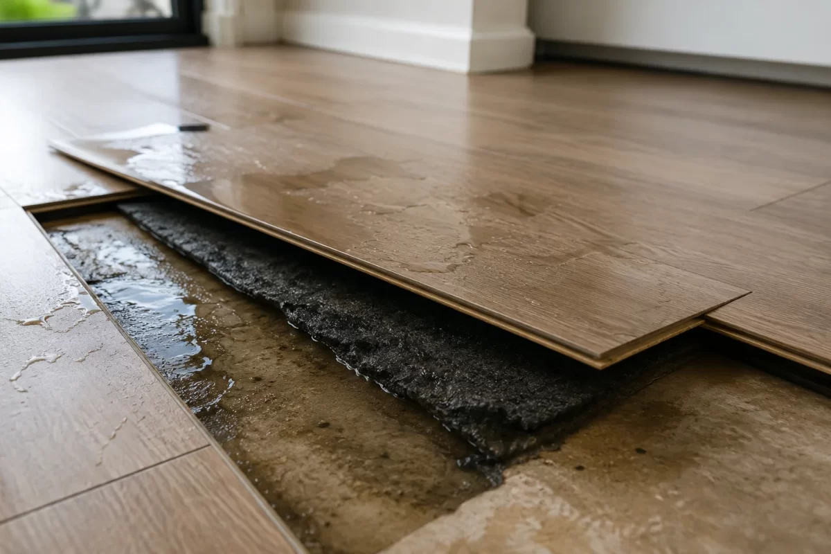 Water damage beneath hybrid flooring