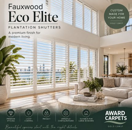 Fauxwood Eco Elite Plantation Shutters Gold Coast Award Carpets Gold Coast